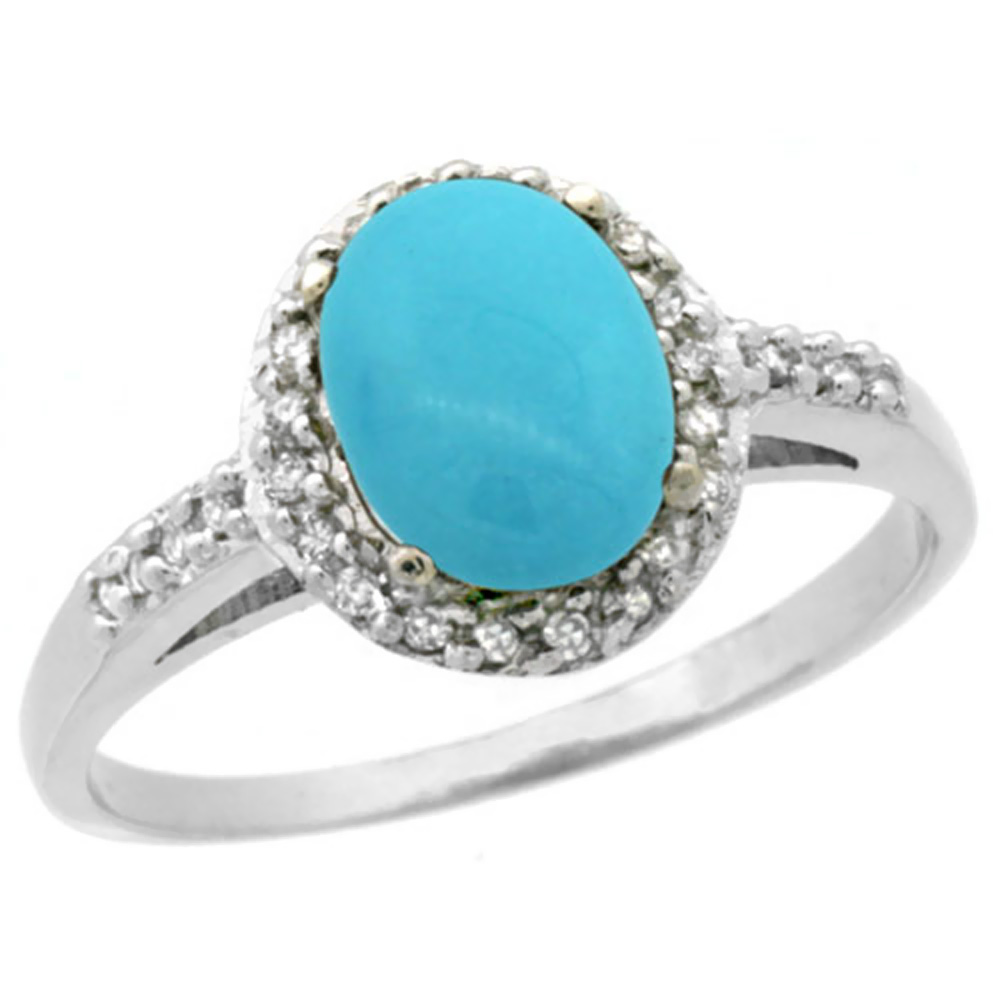 10K White Gold Natural Diamond Sleeping Beauty Turquoise Ring Oval 8x6mm, sizes 5-10