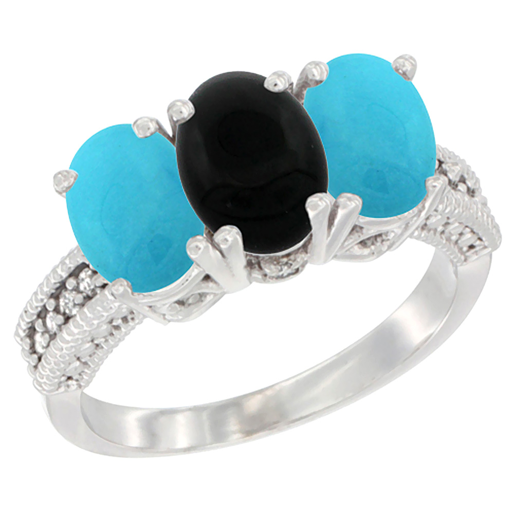 10K White Gold Diamond Natural Black Onyx & Turquoise Ring 3-Stone 7x5 mm Oval, sizes 5 - 10