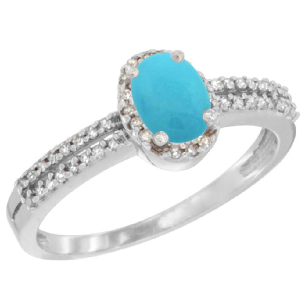 14K White Gold Natural Turquoise Ring Oval 6x4mm Diamond Accent, sizes 5-10
