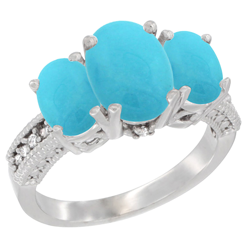 10K White Gold Diamond Natural Turquoise Ring 3-Stone Oval 8x6mm, sizes5-10