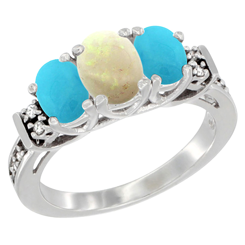 10K White Gold Natural Opal &amp; Turquoise Ring 3-Stone Oval Diamond Accent, sizes 5-10