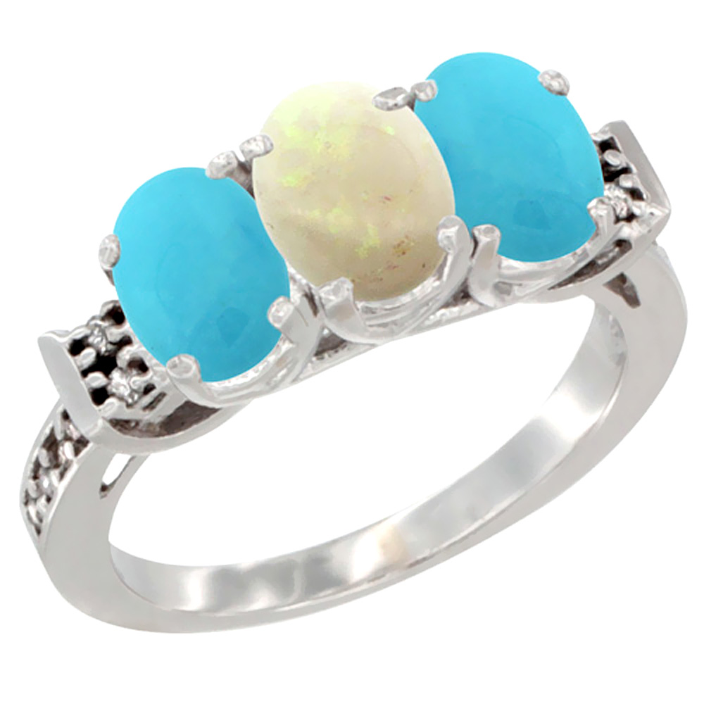 10K White Gold Natural Opal &amp; Turquoise Sides Ring 3-Stone Oval 7x5 mm Diamond Accent, sizes 5 - 10