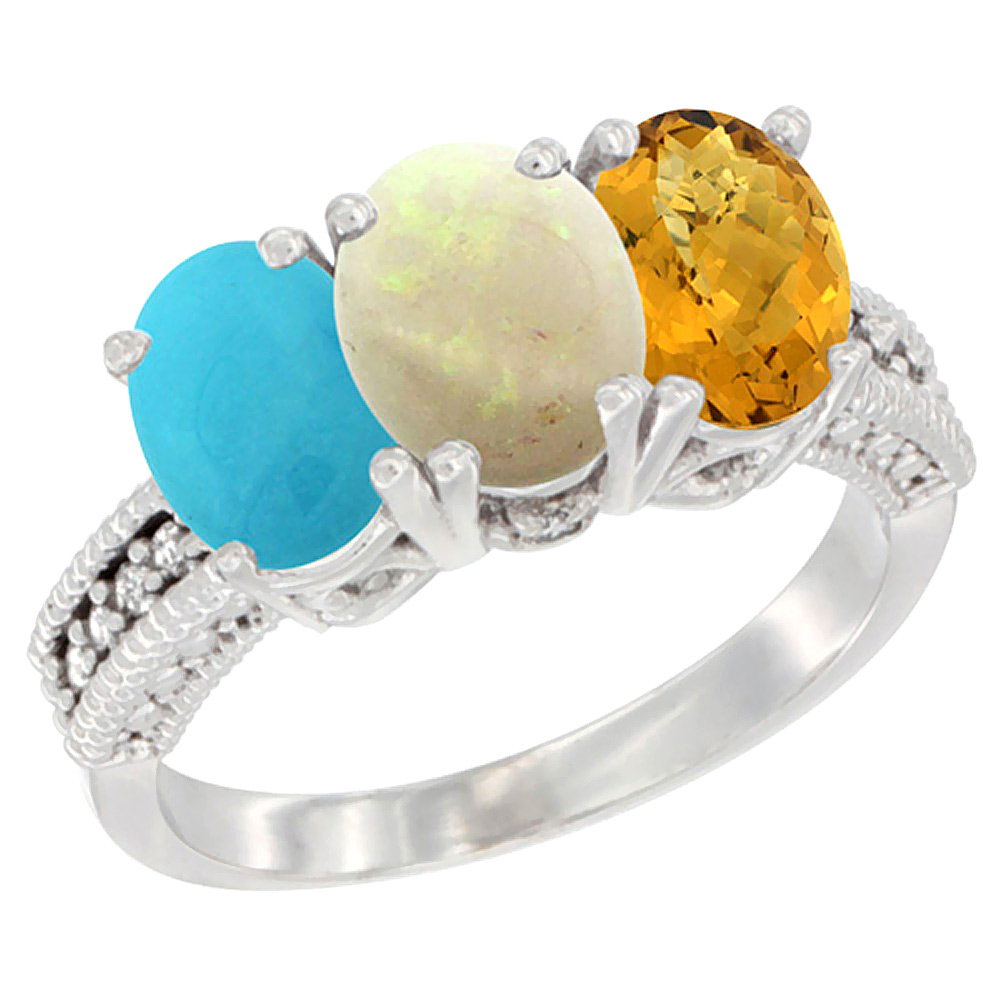 10K White Gold Diamond Natural Turquoise, Opal & Whisky Quartz Ring 3-Stone 7x5 mm Oval, sizes 5 - 10