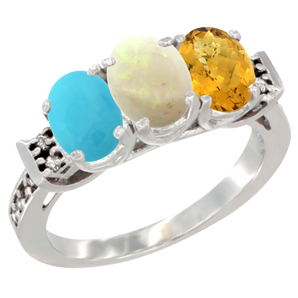 14K White Gold Natural Turquoise, Opal & Whisky Quartz Ring 3-Stone Oval 7x5 mm Diamond Accent, sizes 5 - 10