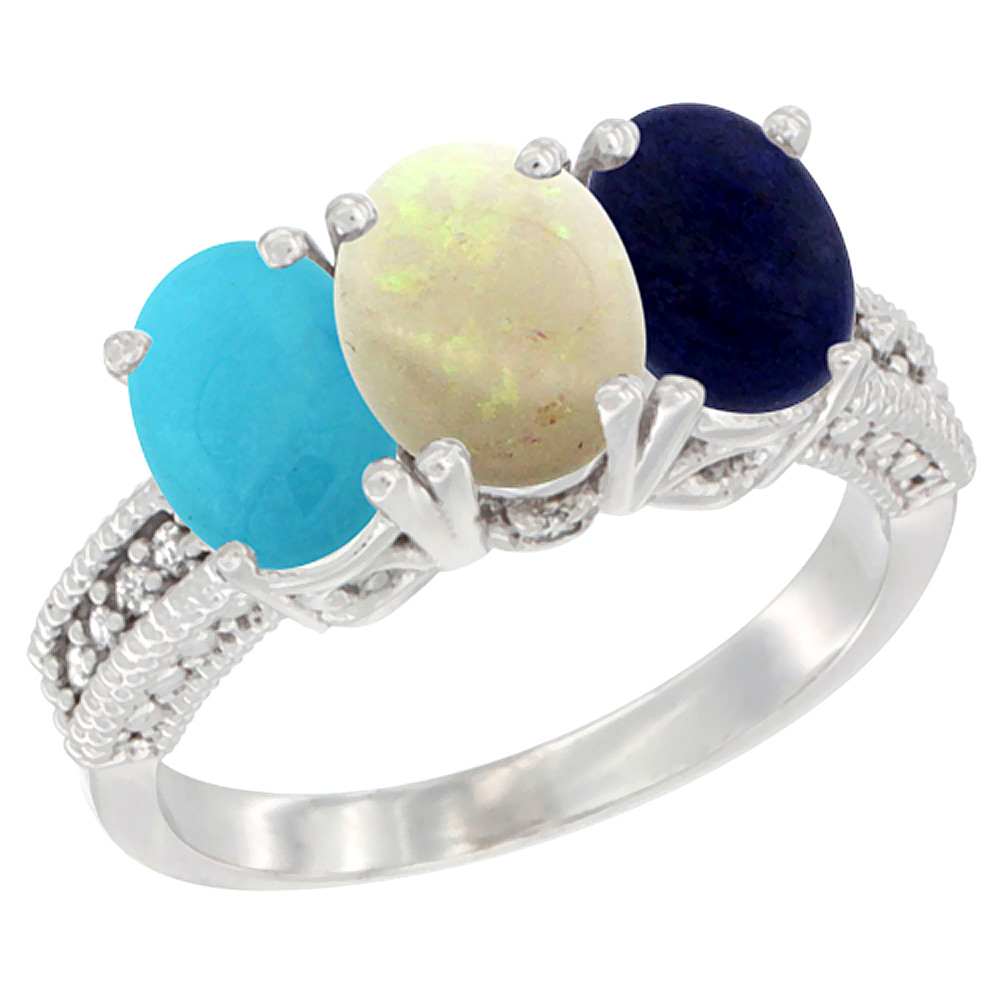 10K White Gold Diamond Natural Turquoise, Opal & Lapis Ring 3-Stone 7x5 mm Oval, sizes 5 - 10