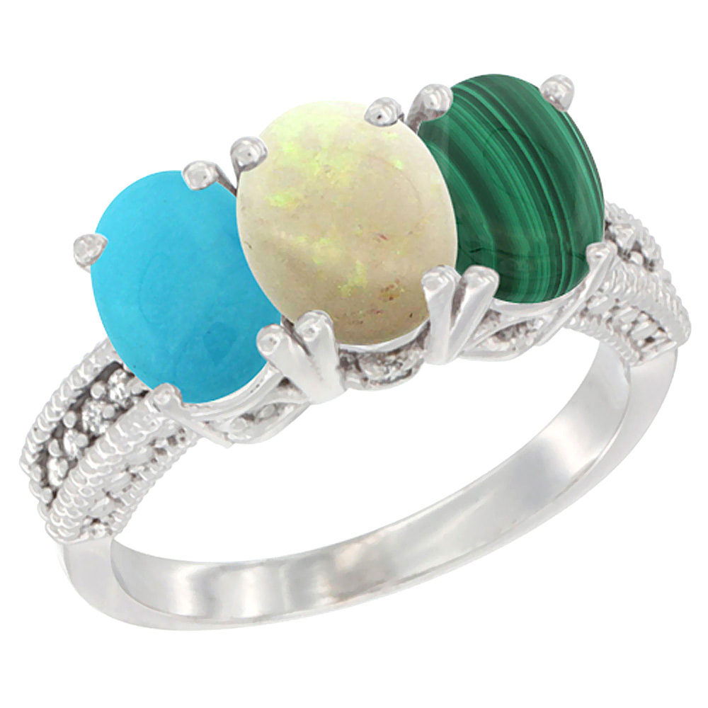 10K White Gold Diamond Natural Turquoise, Opal & Malachite Ring 3-Stone 7x5 mm Oval, sizes 5 - 10