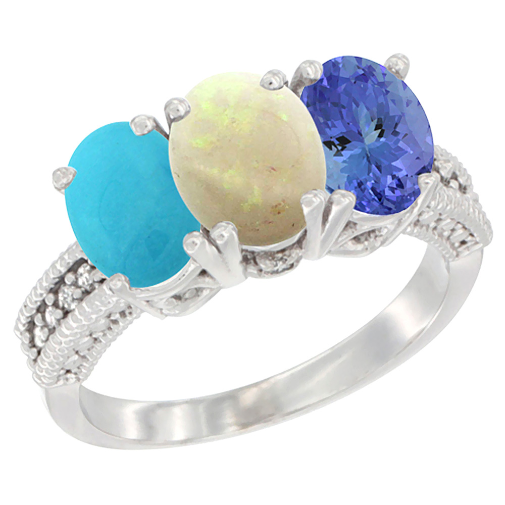 10K White Gold Diamond Natural Turquoise, Opal & Tanzanite Ring 3-Stone 7x5 mm Oval, sizes 5 - 10