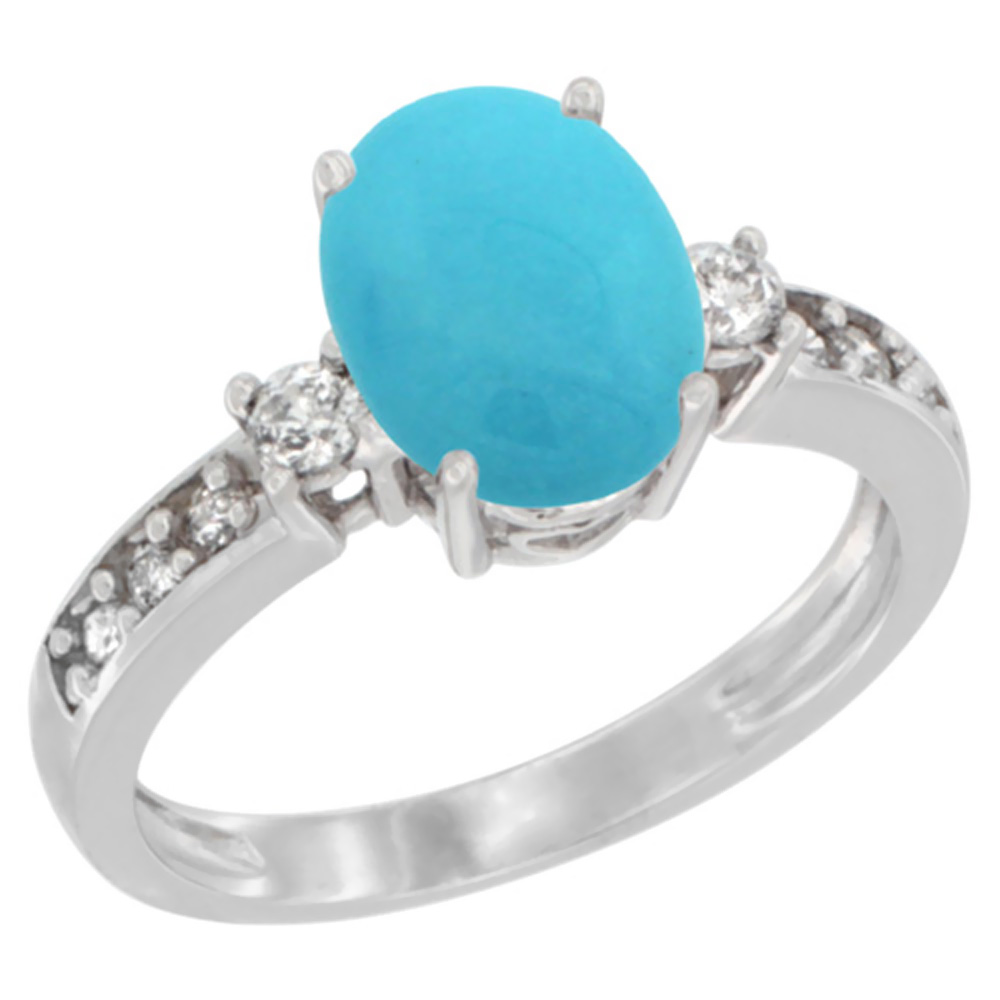 14K White Gold Natural Turquoise Ring Oval 9x7 mm Diamond Accent, sizes 5 - 10