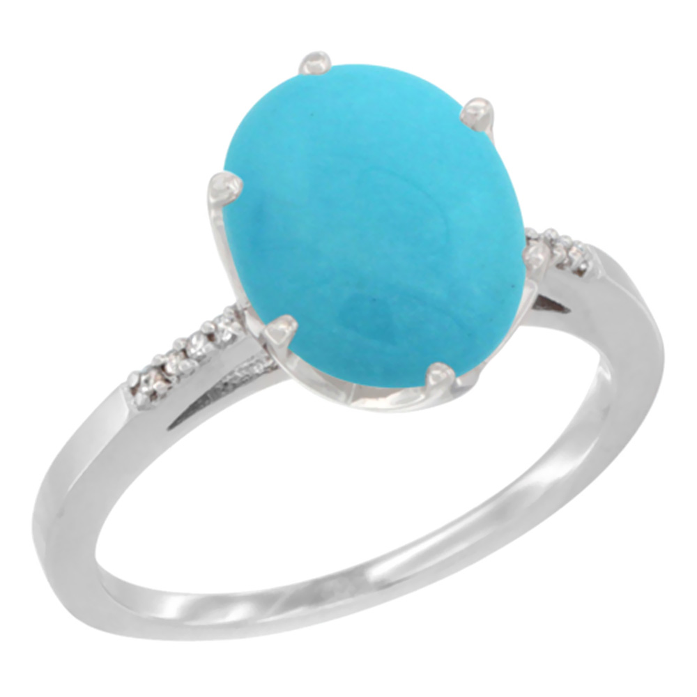 14K White Gold Natural Turquoise Engagement Ring 10x8 mm Oval, sizes 5 - 10