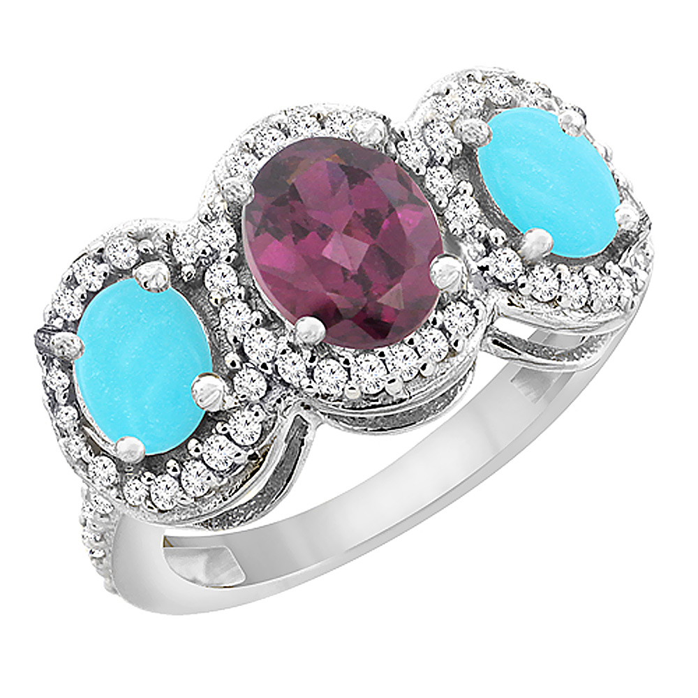 10K White Gold Natural Rhodolite & Turquoise 3-Stone Ring Oval Diamond Accent, sizes 5 - 10