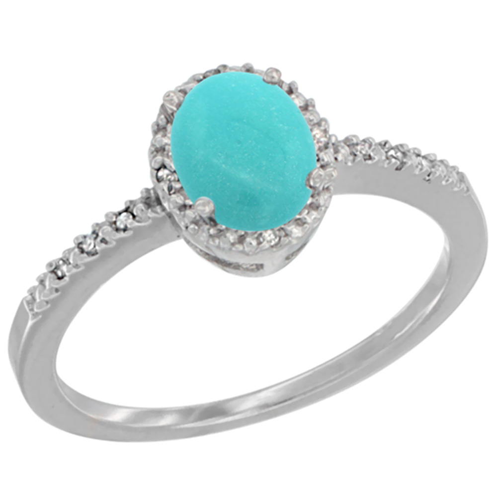 10K White Gold Diamond Natural Turquoise Engagement Ring Oval 7x5 mm, sizes 5 - 10