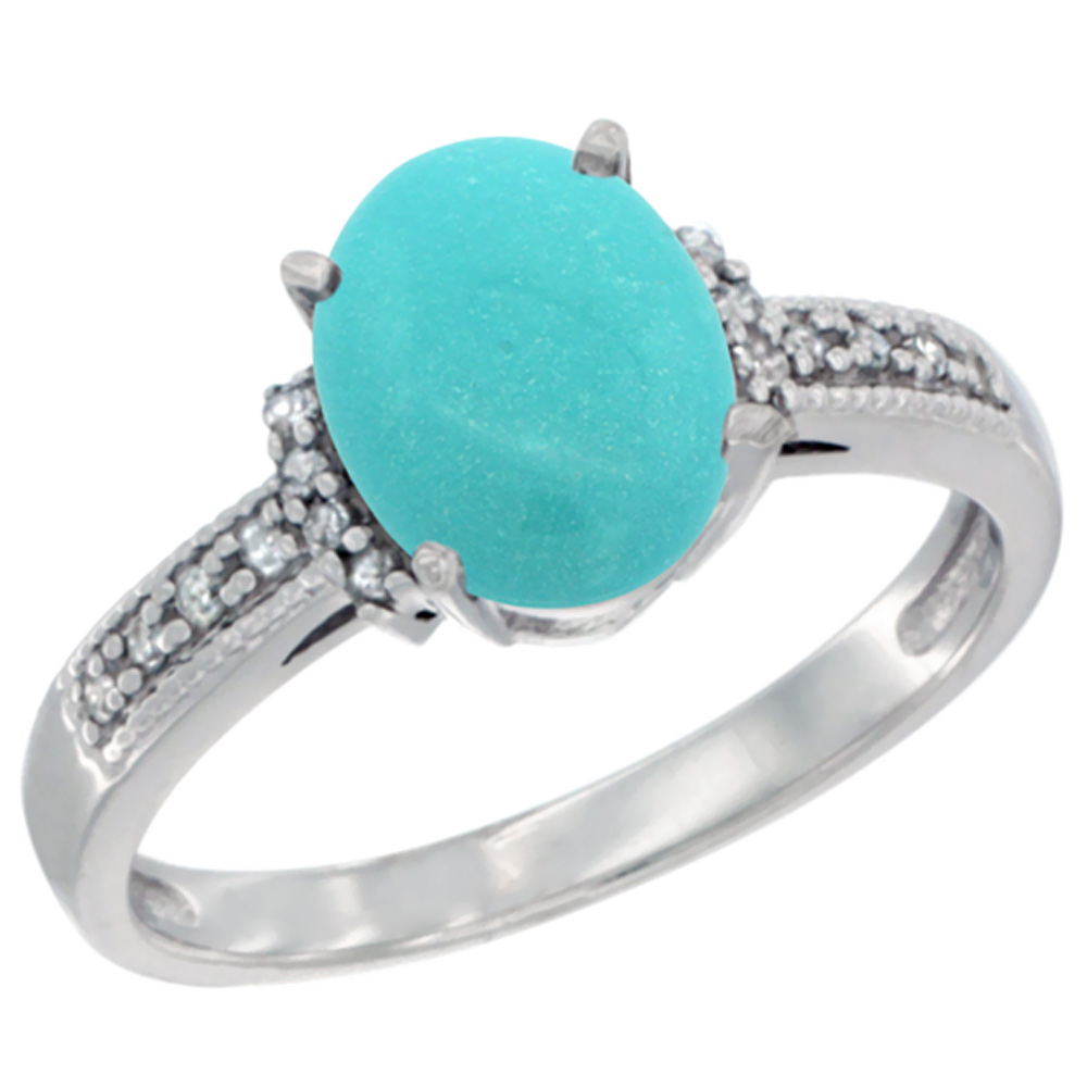 14K White Gold Natural Turquoise Ring Oval 9x7 mm Diamond Accent, sizes 5 - 10