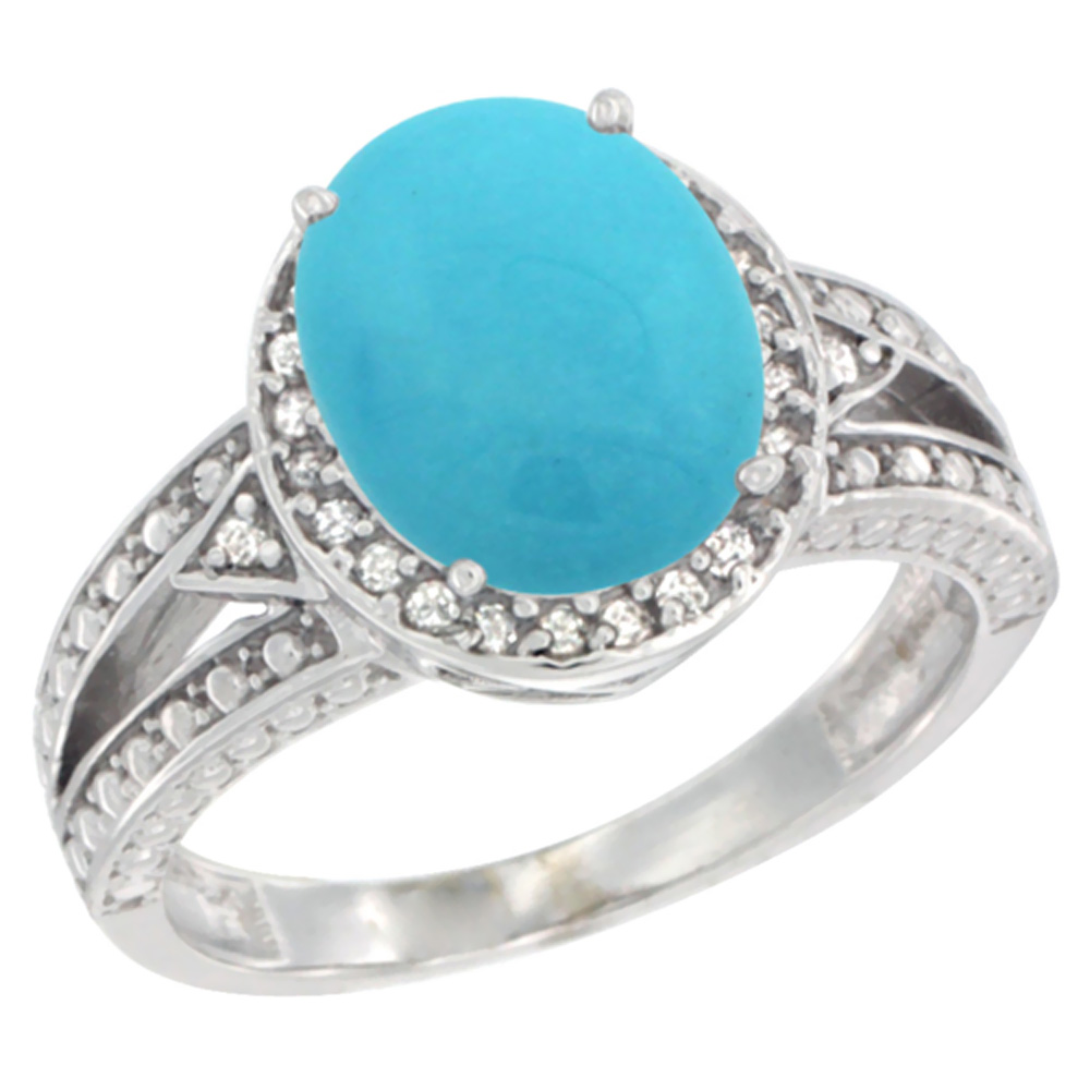 10k White Gold Natural Turquoise Ring Oval 9x7 mm Diamond Halo, sizes 5 - 10