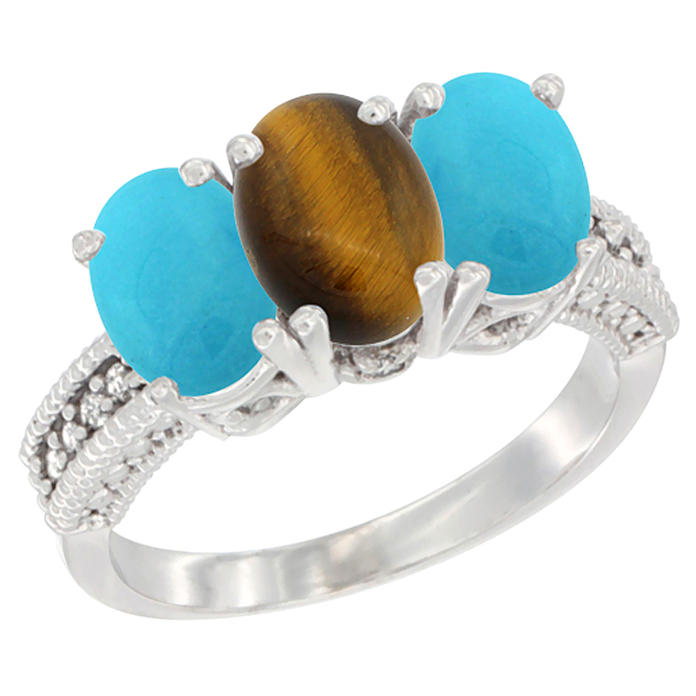 10K White Gold Diamond Natural Tiger Eye &amp; Turquoise Ring 3-Stone 7x5 mm Oval, sizes 5 - 10