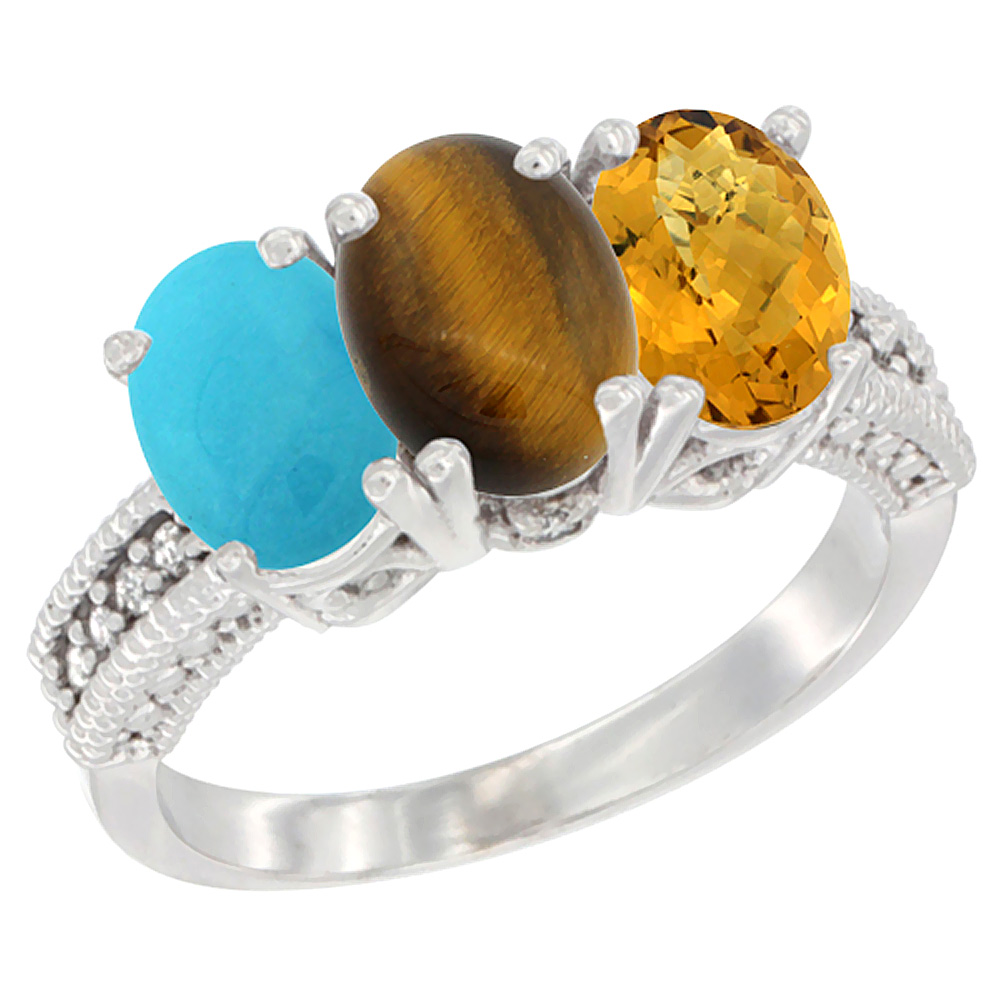 10K White Gold Diamond Natural Turquoise, Tiger Eye & Whisky Quartz Ring 3-Stone 7x5 mm Oval, sizes 5 - 10