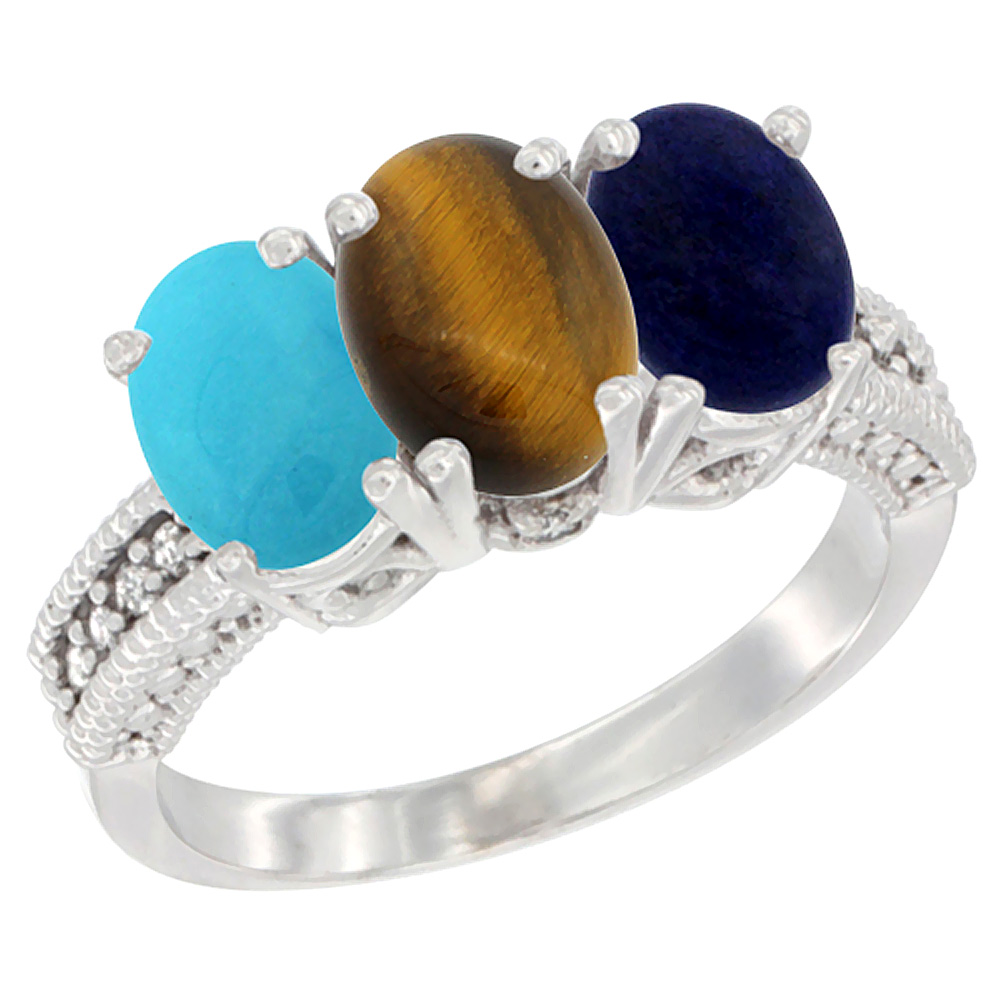 10K White Gold Diamond Natural Turquoise, Tiger Eye & Lapis Ring 3-Stone 7x5 mm Oval, sizes 5 - 10