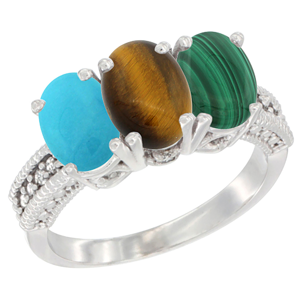 10K White Gold Diamond Natural Turquoise, Tiger Eye & Malachite Ring 3-Stone 7x5 mm Oval, sizes 5 - 10