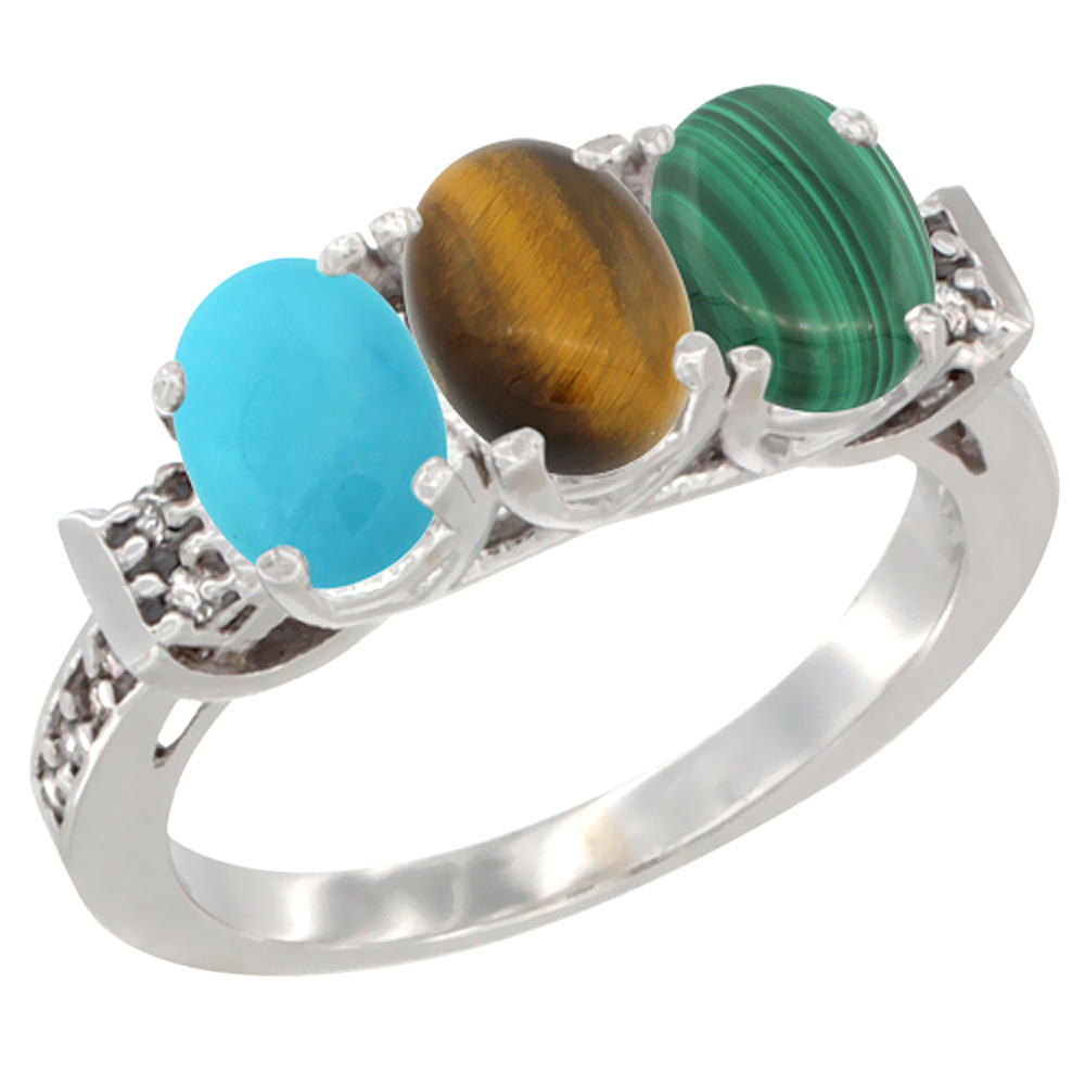 10K White Gold Natural Turquoise, Tiger Eye & Malachite Ring 3-Stone Oval 7x5 mm Diamond Accent, sizes 5 - 10