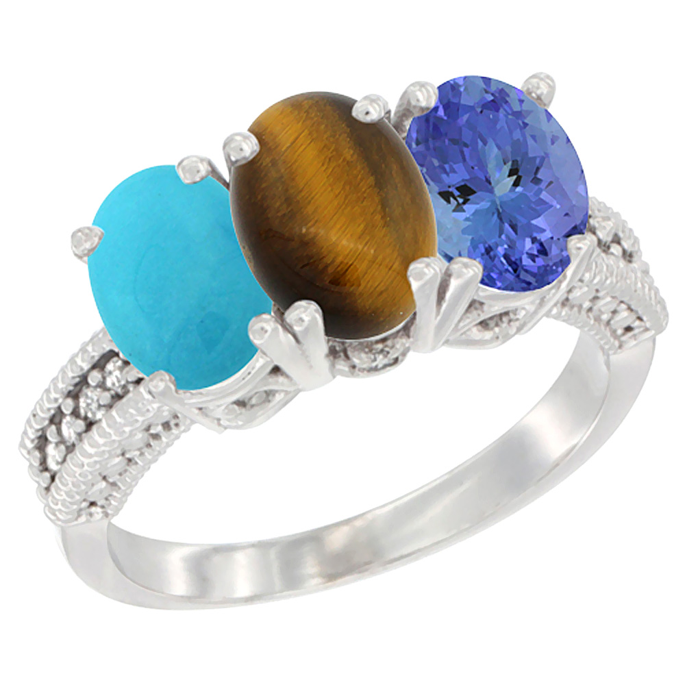 10K White Gold Diamond Natural Turquoise, Tiger Eye &amp; Tanzanite Ring 3-Stone 7x5 mm Oval, sizes 5 - 10