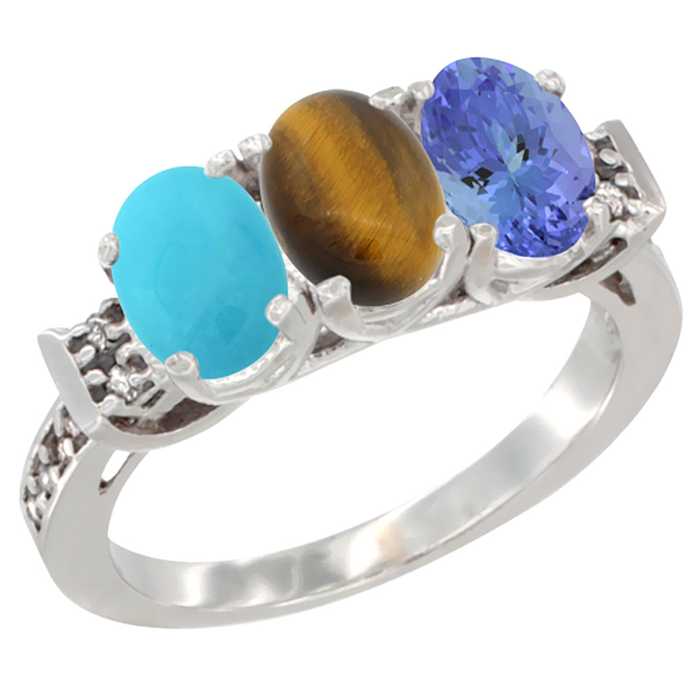 10K White Gold Natural Turquoise, Tiger Eye & Tanzanite Ring 3-Stone Oval 7x5 mm Diamond Accent, sizes 5 - 10