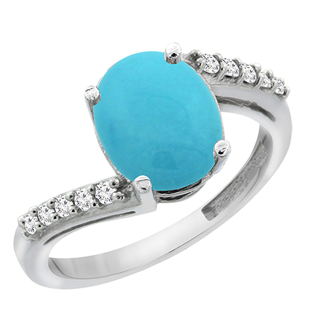 14K White Gold Natural Diamond Sleeping Beauty Turquoise Engagement Ring Oval 10x8mm, sizes 5-10