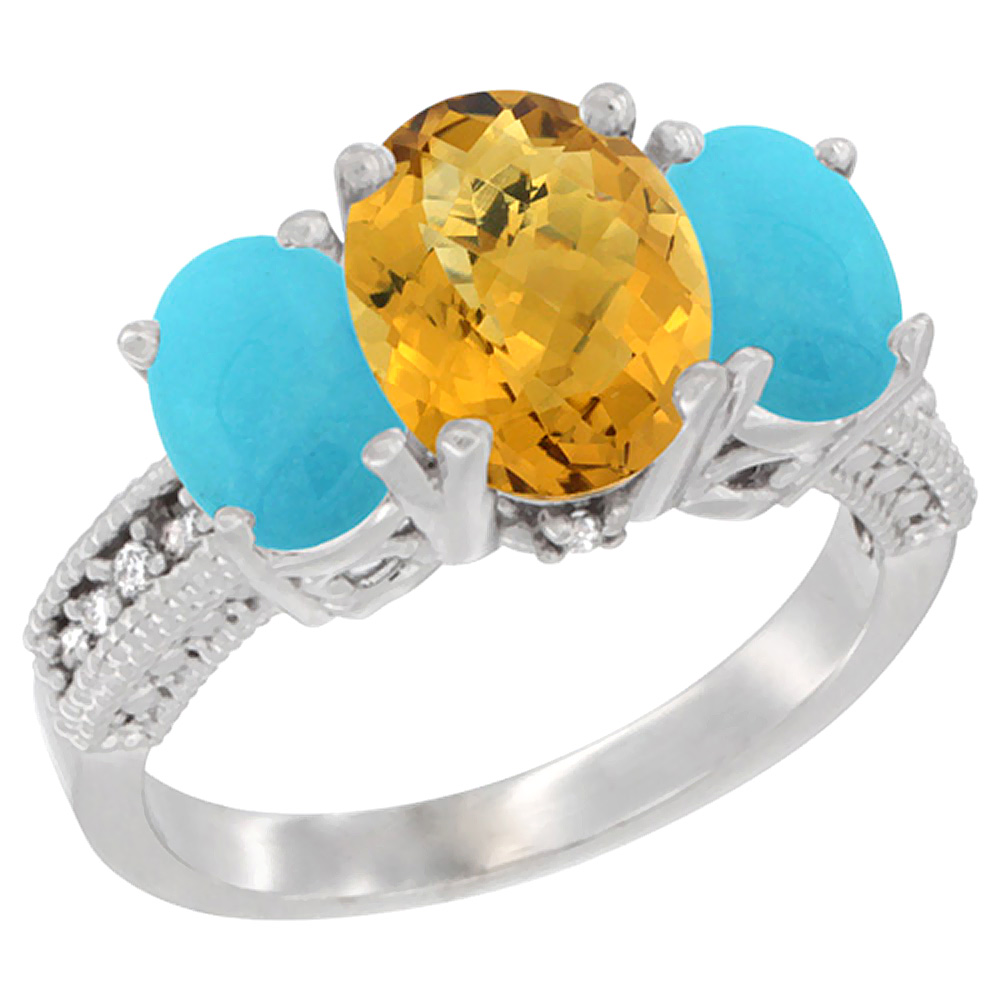 14K White Gold Diamond Natural Whisky Quartz Ring 3-Stone Oval 8x6mm with Turquoise, sizes5-10