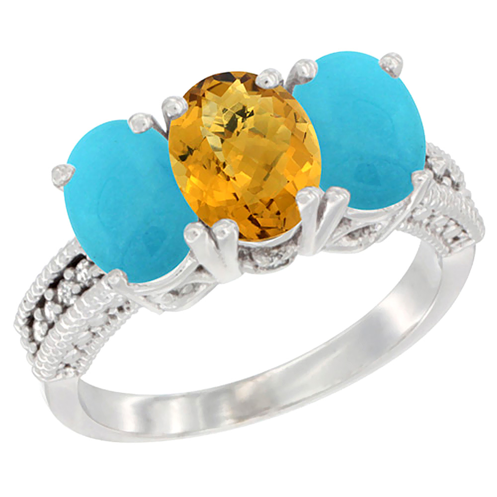 14K White Gold Natural Whisky Quartz & Turquoise Sides Ring 3-Stone 7x5 mm Oval Diamond Accent, sizes 5 - 10