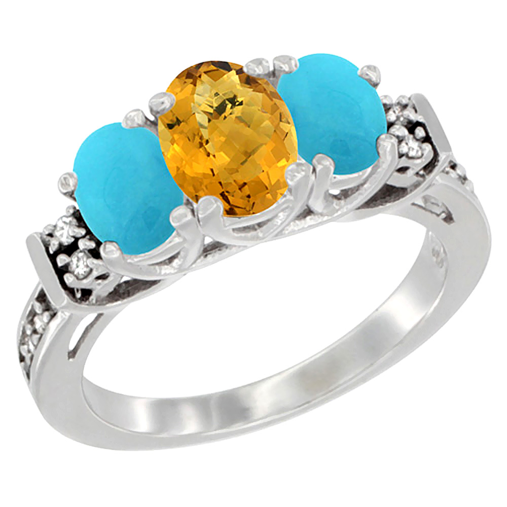 14K White Gold Natural Whisky Quartz &amp; Turquoise Ring 3-Stone Oval Diamond Accent, sizes 5-10