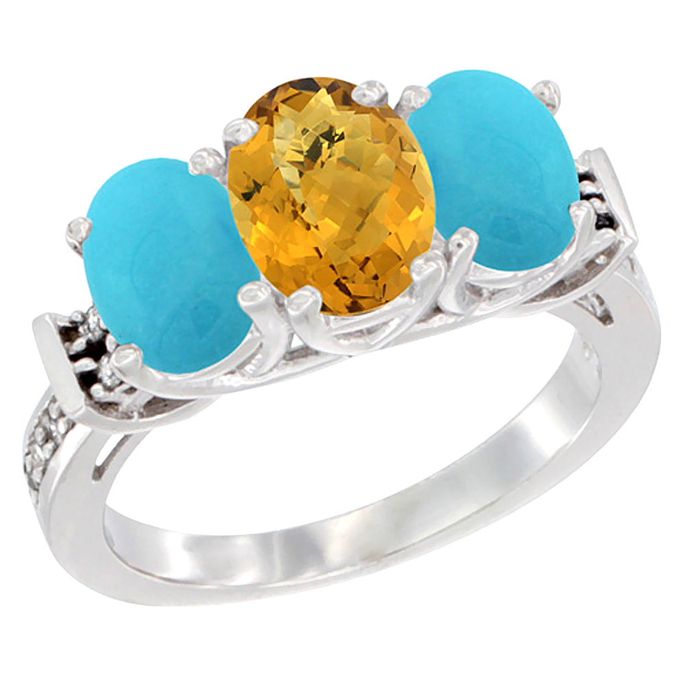 14K White Gold Natural Whisky Quartz &amp; Turquoise Sides Ring 3-Stone Oval Diamond Accent, sizes 5 - 10