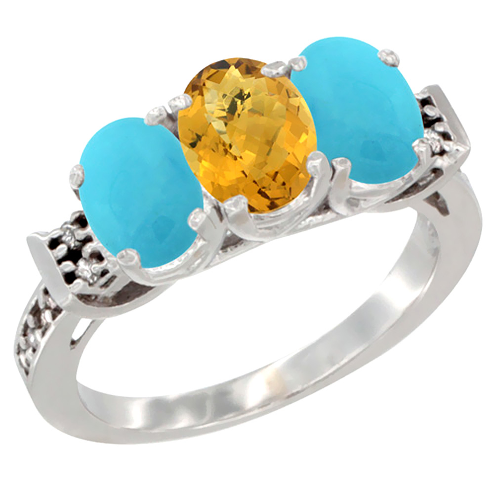 14K White Gold Natural Whisky Quartz &amp; Turquoise Sides Ring 3-Stone Oval 7x5 mm Diamond Accent, sizes 5 - 10