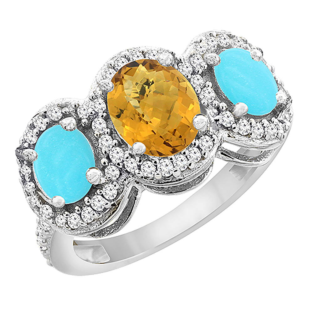 14K White Gold Natural Whisky Quartz &amp; Turquoise 3-Stone Ring Oval Diamond Accent, sizes 5 - 10