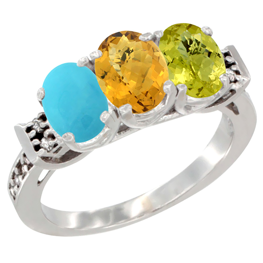 10K White Gold Natural Turquoise, Whisky Quartz & Lemon Quartz Ring 3-Stone Oval 7x5 mm Diamond Accent, sizes 5 - 10