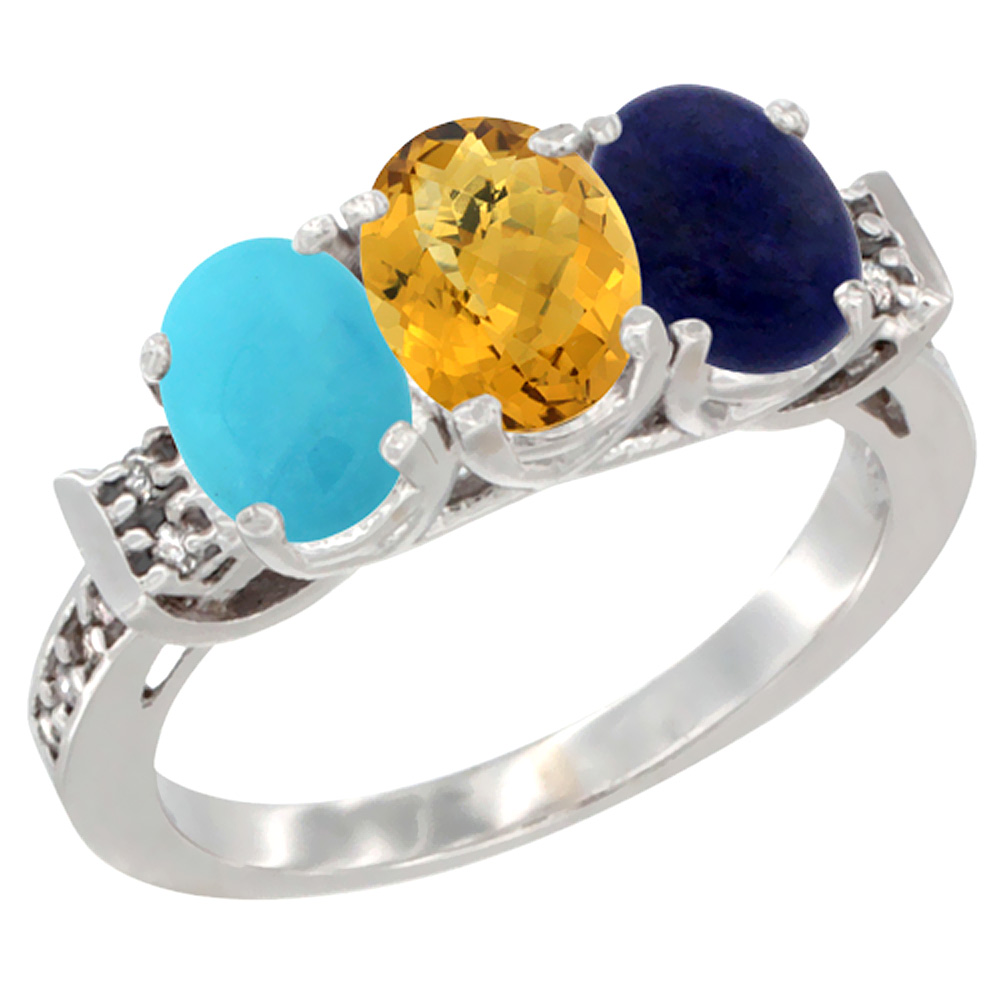 10K White Gold Natural Turquoise, Whisky Quartz & Lapis Ring 3-Stone Oval 7x5 mm Diamond Accent, sizes 5 - 10
