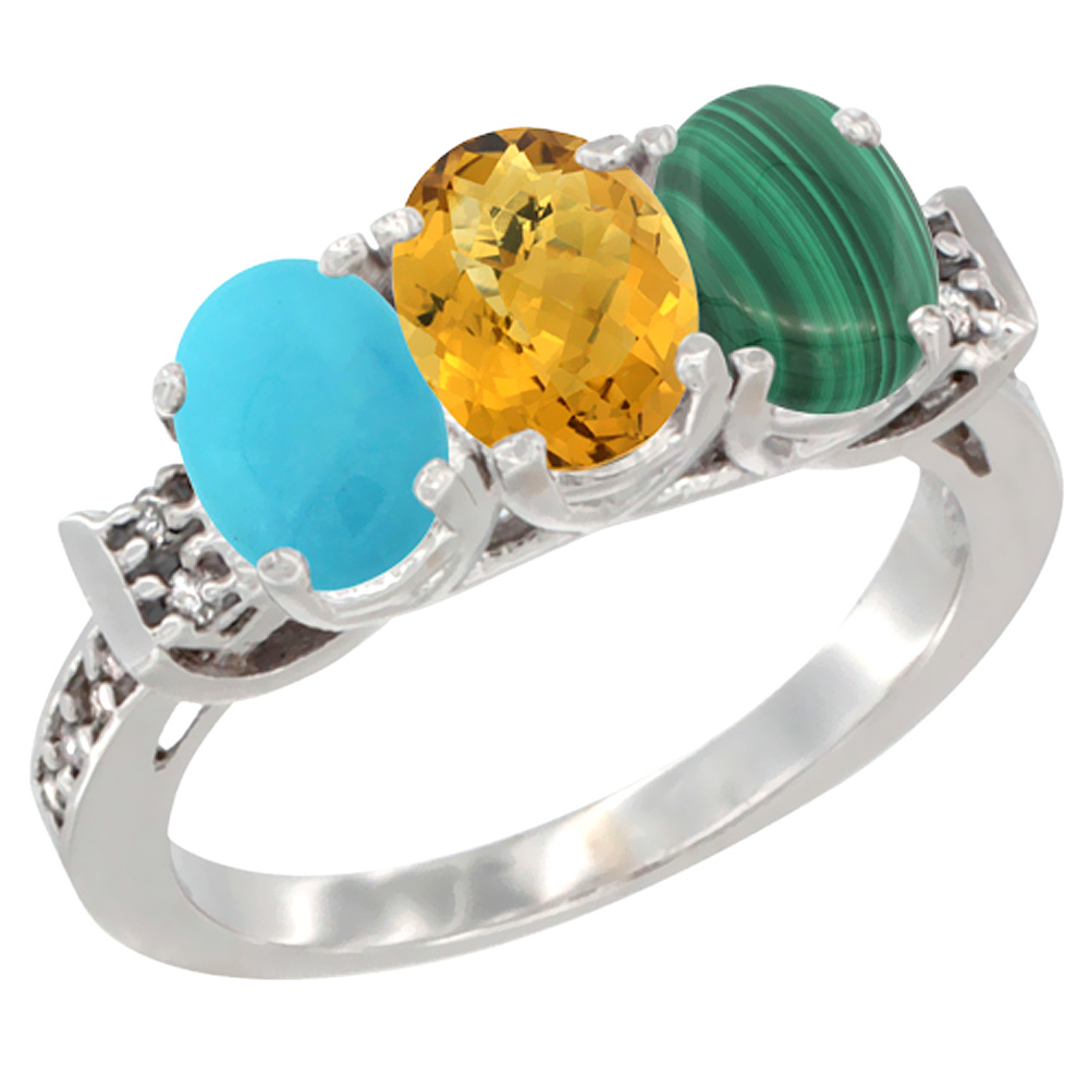 10K White Gold Natural Turquoise, Whisky Quartz & Malachite Ring 3-Stone Oval 7x5 mm Diamond Accent, sizes 5 - 10