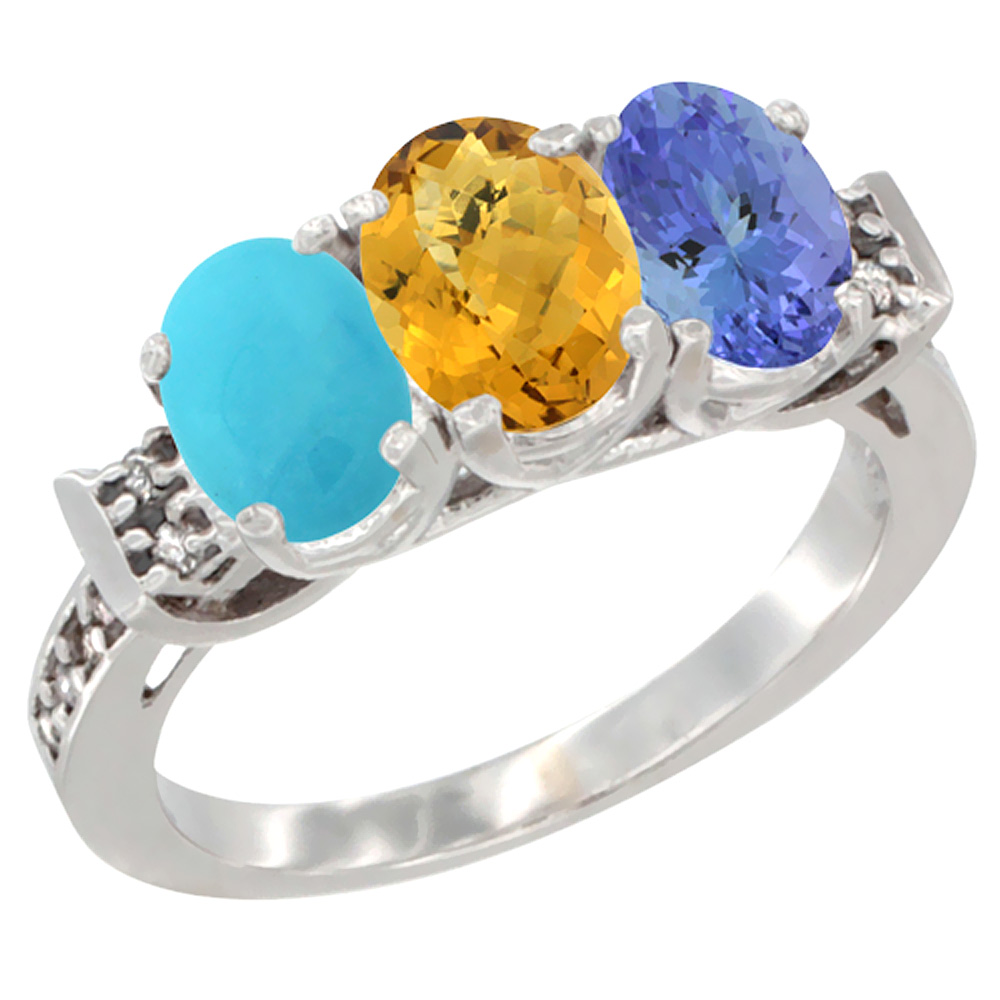 10K White Gold Natural Turquoise, Whisky Quartz & Tanzanite Ring 3-Stone Oval 7x5 mm Diamond Accent, sizes 5 - 10