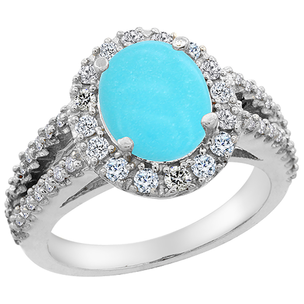 10K White Gold Natural Diamond Sleeping Beauty Turquoise Engagement Ring Oval 10x8mm, sizes 5-10