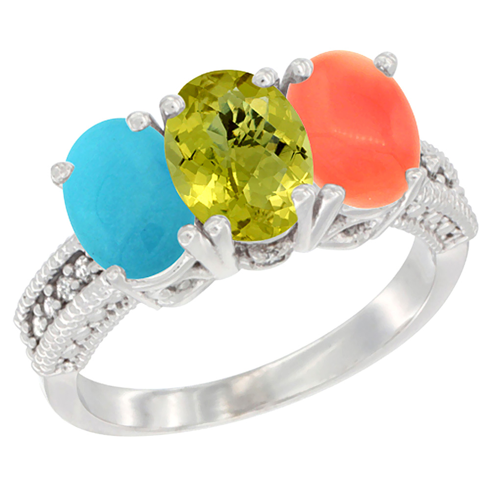 14K White Gold Natural Turquoise, Lemon Quartz & Coral Ring 3-Stone 7x5 mm Oval Diamond Accent, sizes 5 - 10