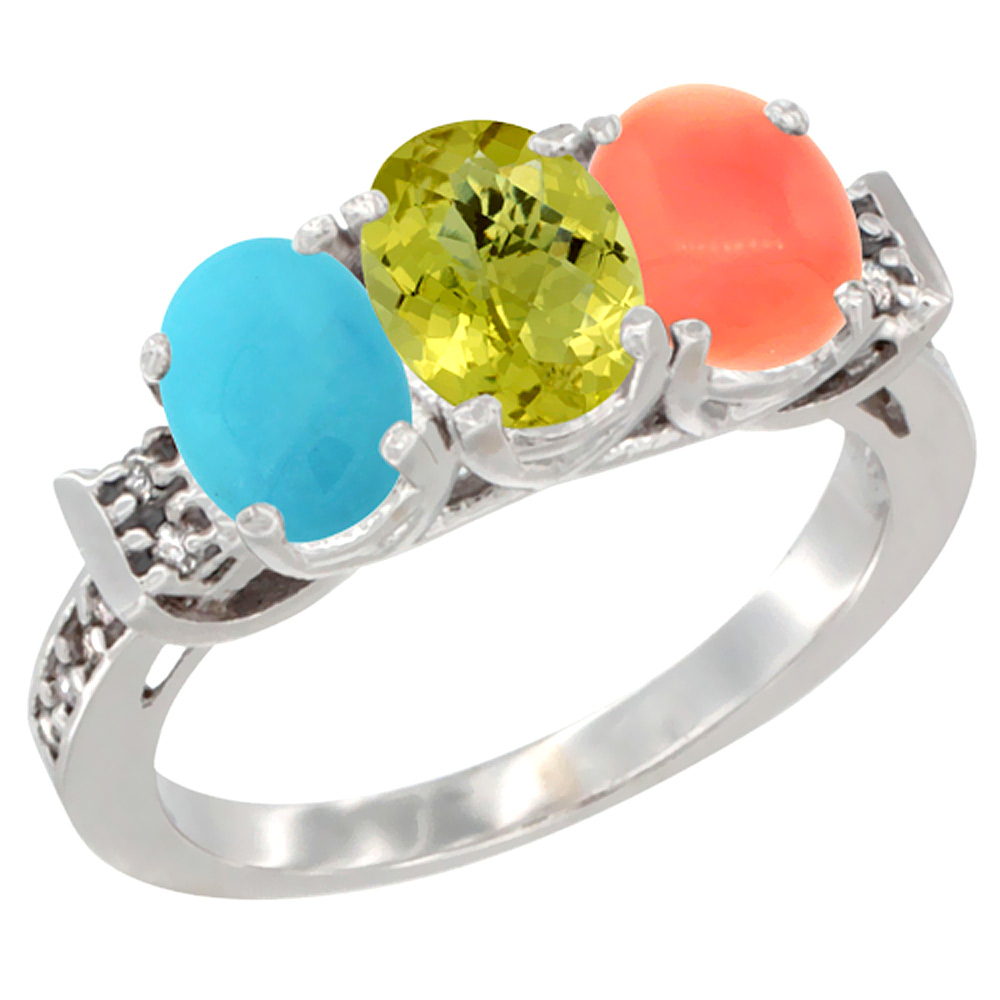 14K White Gold Natural Turquoise, Lemon Quartz & Coral Ring 3-Stone Oval 7x5 mm Diamond Accent, sizes 5 - 10