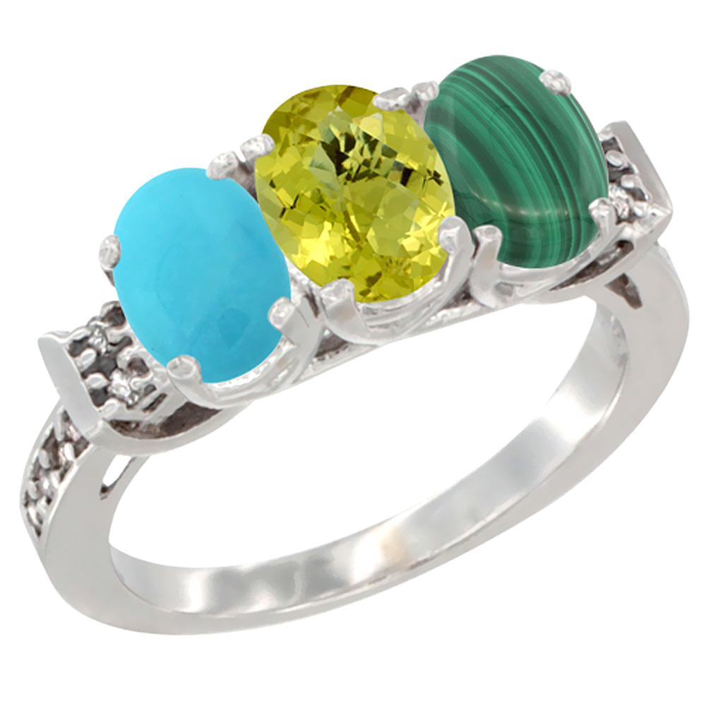 14K White Gold Natural Turquoise, Lemon Quartz & Malachite Ring 3-Stone Oval 7x5 mm Diamond Accent, sizes 5 - 10