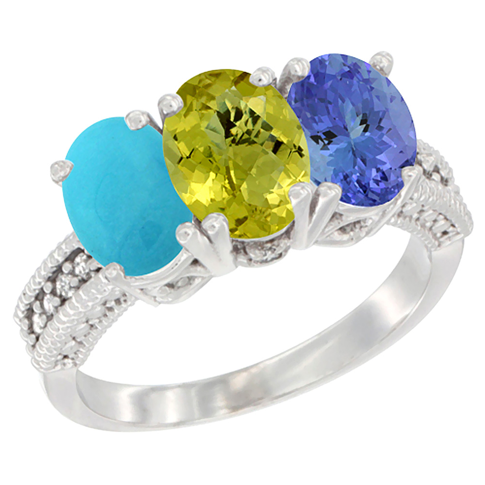 14K White Gold Natural Turquoise, Lemon Quartz & Tanzanite Ring 3-Stone 7x5 mm Oval Diamond Accent, sizes 5 - 10