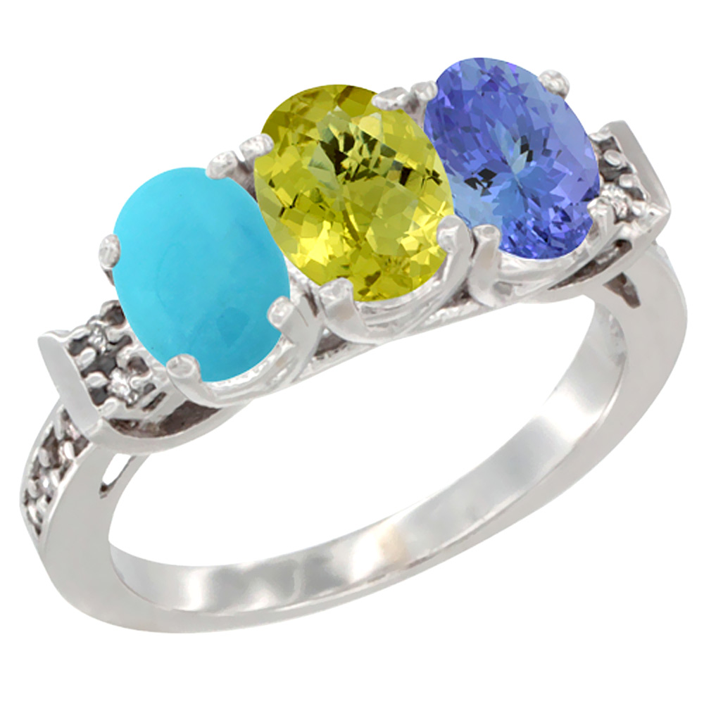 14K White Gold Natural Turquoise, Lemon Quartz &amp; Tanzanite Ring 3-Stone Oval 7x5 mm Diamond Accent, sizes 5 - 10