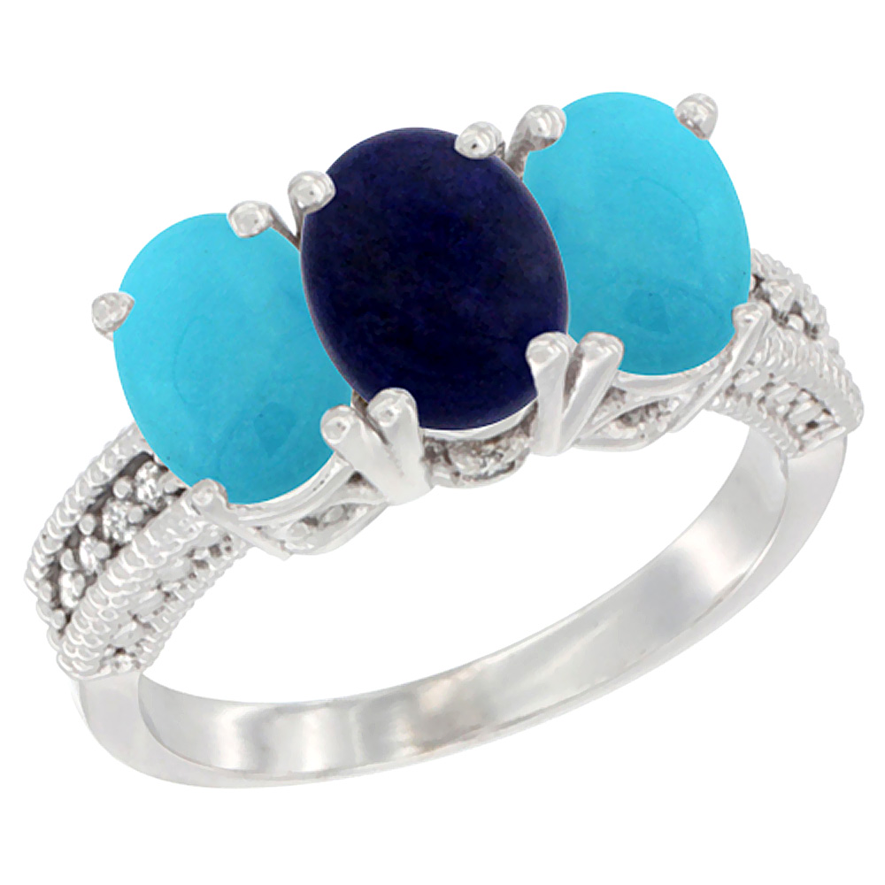 10K White Gold Diamond Natural Lapis & Turquoise Ring 3-Stone 7x5 mm Oval, sizes 5 - 10