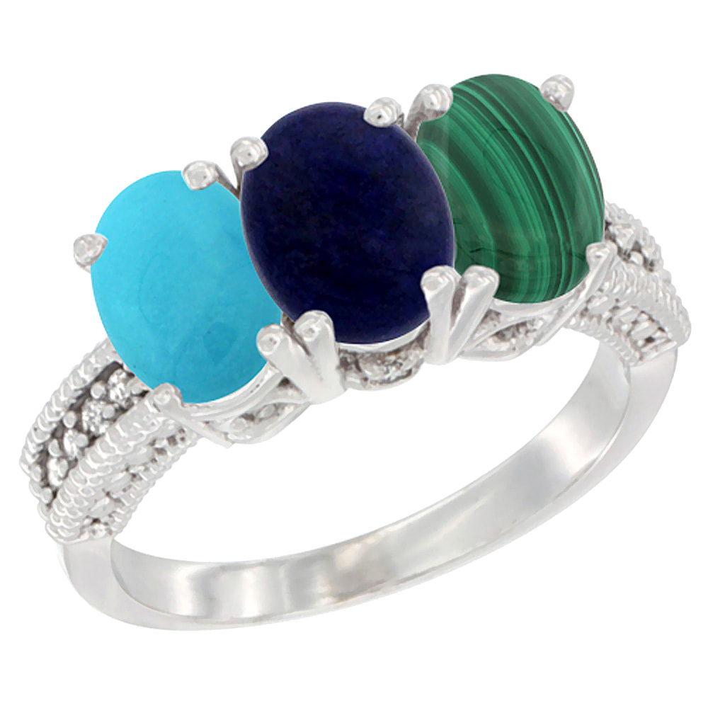 10K White Gold Diamond Natural Turquoise, Lapis & Malachite Ring 3-Stone 7x5 mm Oval, sizes 5 - 10