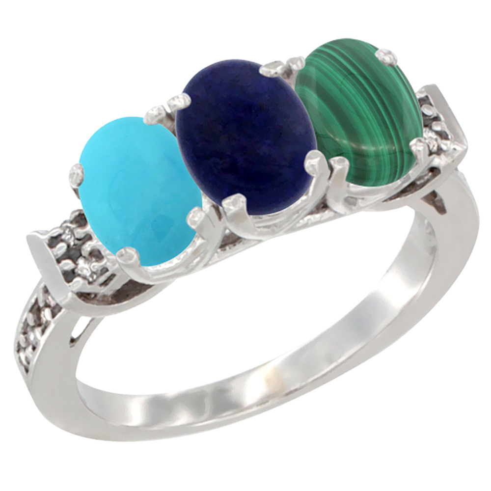 10K White Gold Natural Turquoise, Lapis & Malachite Ring 3-Stone Oval 7x5 mm Diamond Accent, sizes 5 - 10