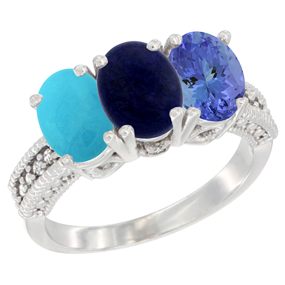 14K White Gold Natural Turquoise, Lapis & Tanzanite Ring 3-Stone 7x5 mm Oval Diamond Accent, sizes 5 - 10