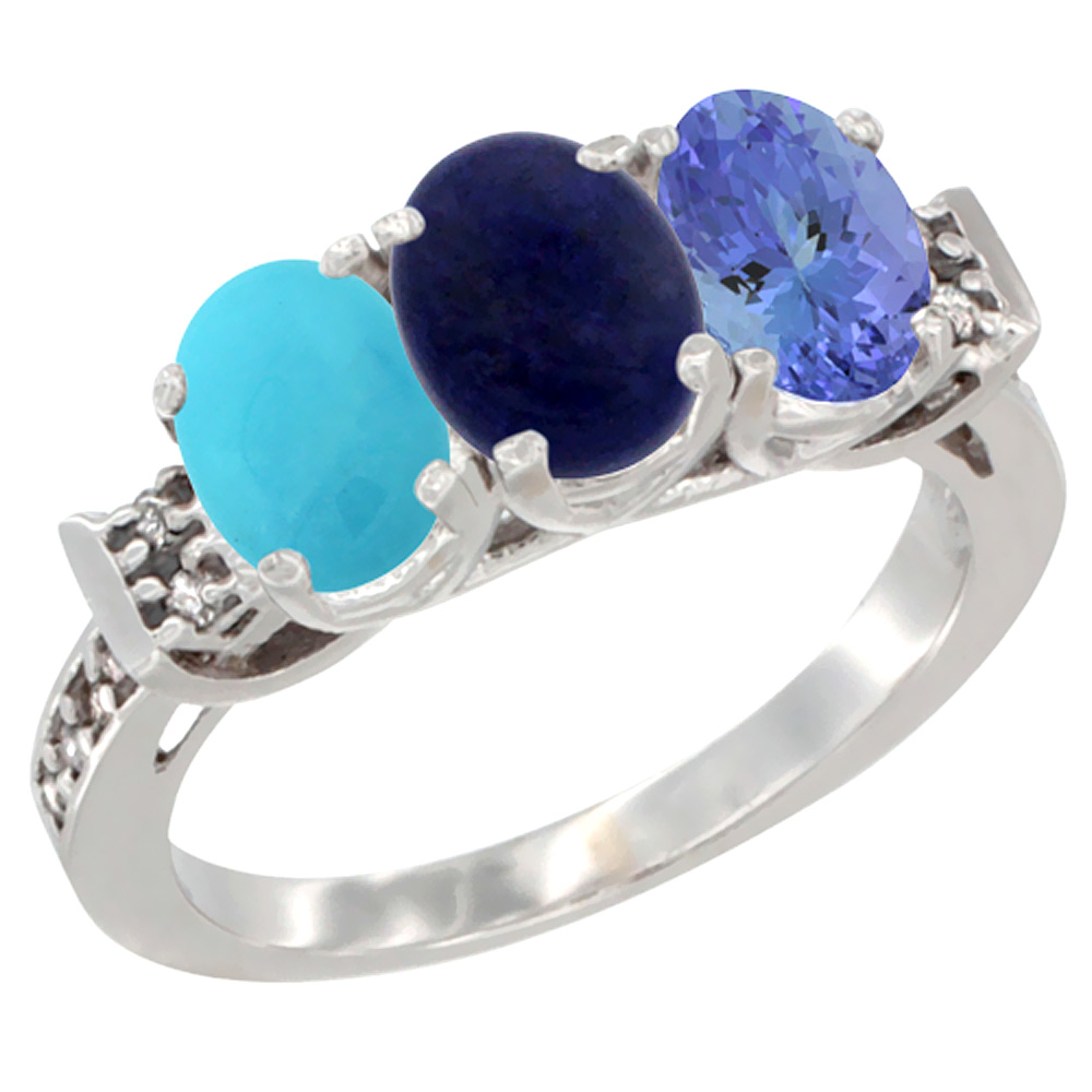 10K White Gold Natural Turquoise, Lapis & Tanzanite Ring 3-Stone Oval 7x5 mm Diamond Accent, sizes 5 - 10