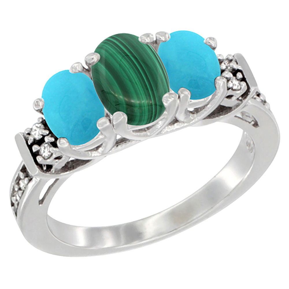 14K White Gold Natural Malachite &amp; Turquoise Ring 3-Stone Oval Diamond Accent, sizes 5-10