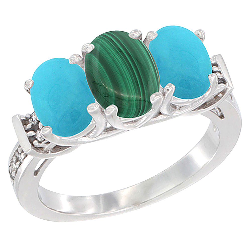 14K White Gold Natural Malachite & Turquoise Sides Ring 3-Stone Oval Diamond Accent, sizes 5 - 10