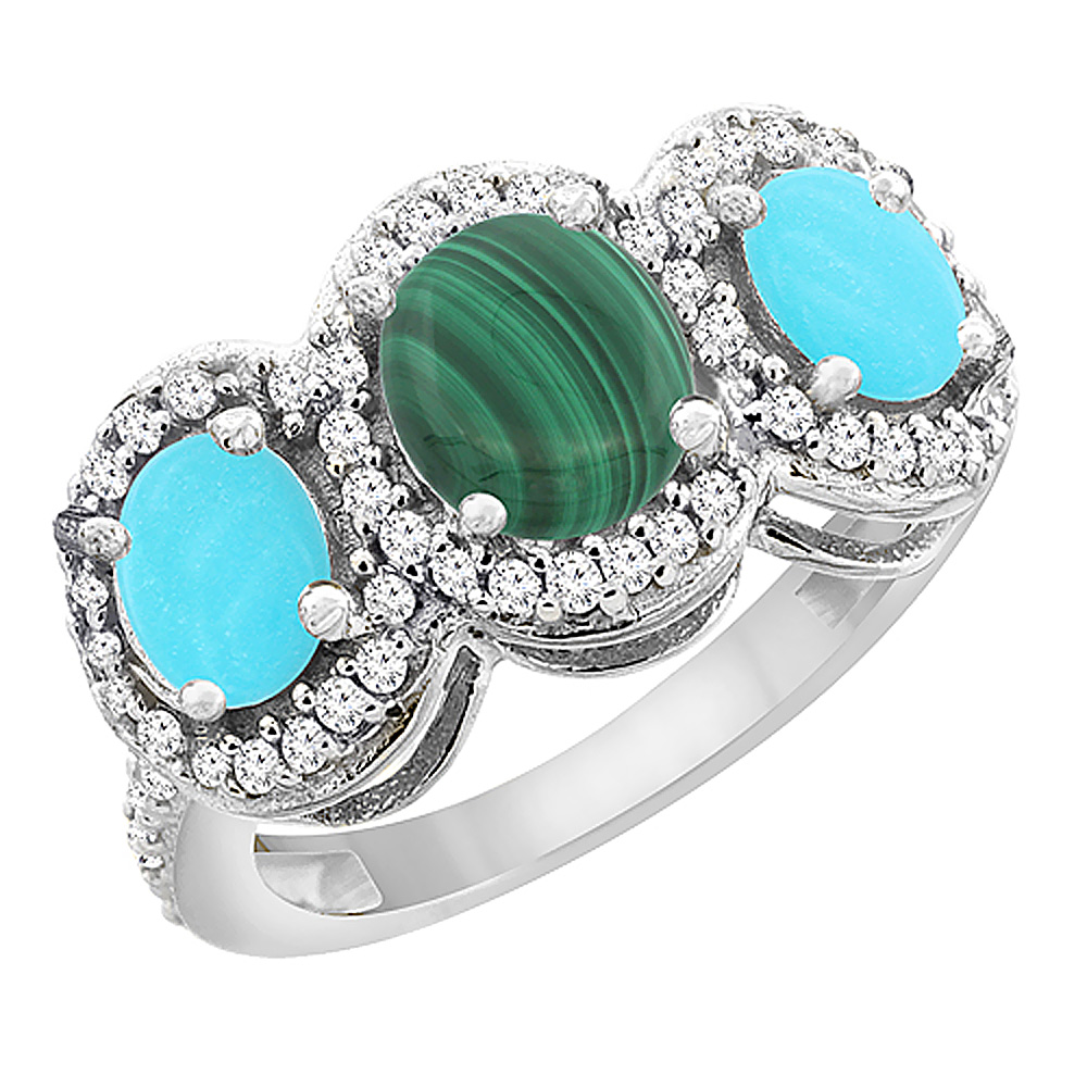 10K White Gold Natural Malachite &amp; Turquoise 3-Stone Ring Oval Diamond Accent, sizes 5 - 10