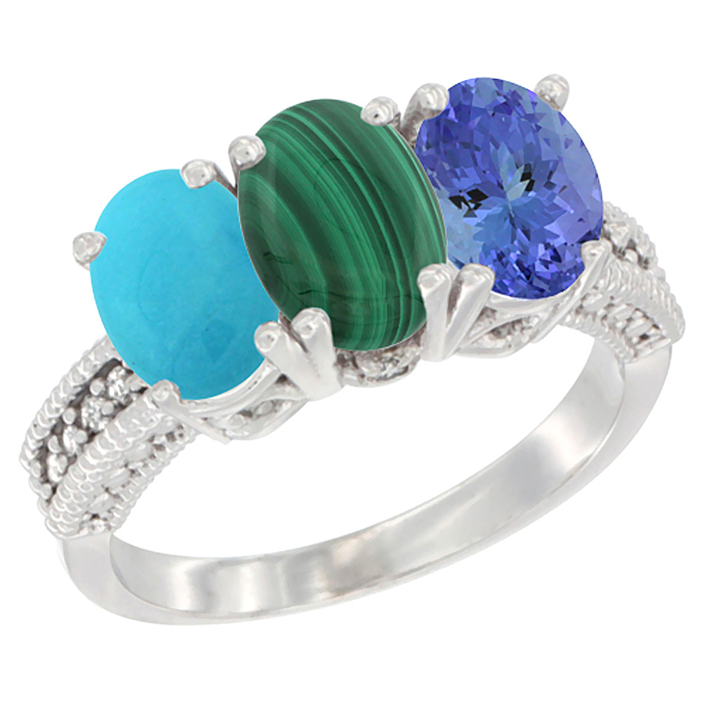 10K White Gold Diamond Natural Turquoise, Malachite & Tanzanite Ring 3-Stone 7x5 mm Oval, sizes 5 - 10